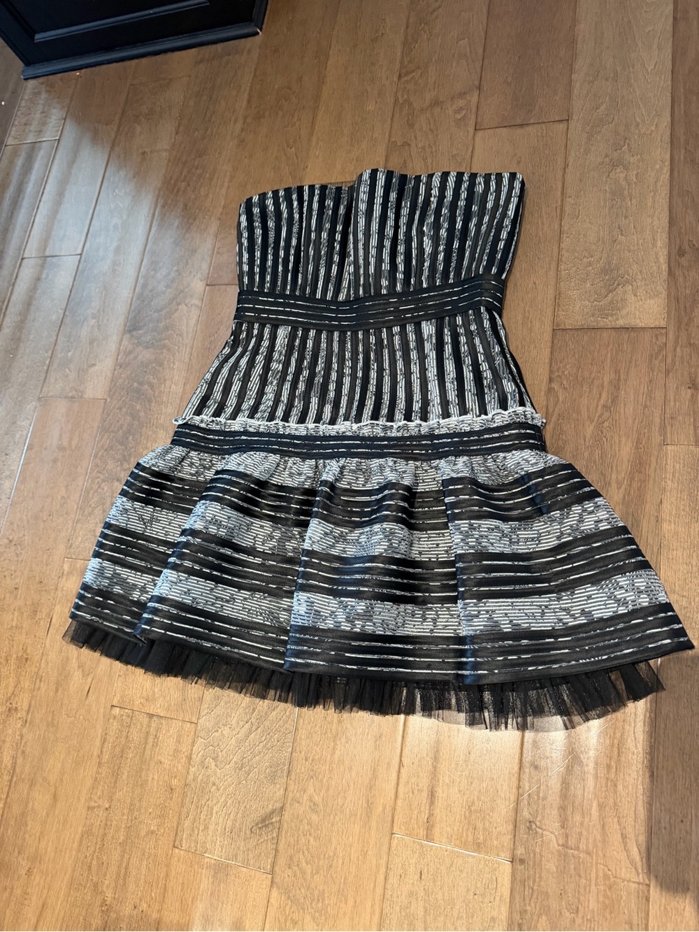 BCBGMaxAzria Black and Silver Strapless Striped Cocktail Dress